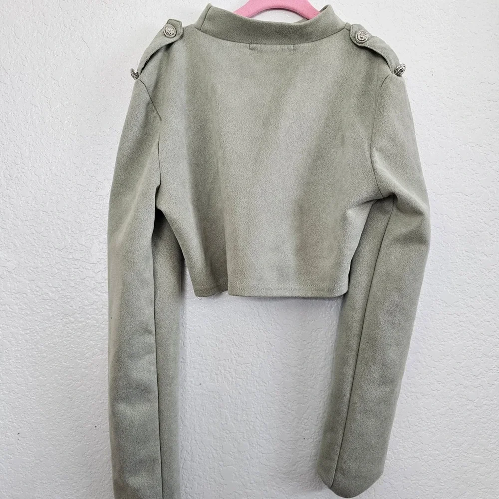 CBR Sage‎ Green Faux Suede 2 Piece Set Mock Neck Crop Top & Button Midi Skirt S